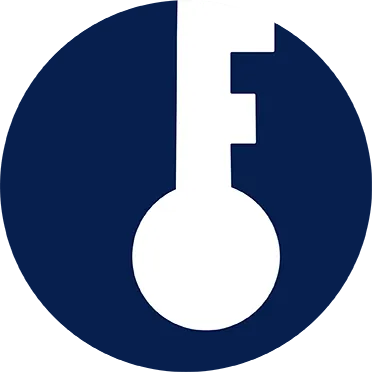 Fortnet logo blue circle key hole with letter F as the key